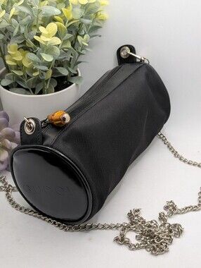 Gucci Vintage Black Canvas & Patent Leather Bamboo Barrel Bag / Clutch